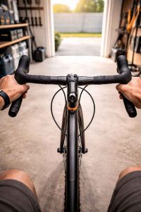 Un cycliste vérifie l'alignement de sa roue avant après avoir installé un nouveau cintre gravel sur son VTT, vu de derrière dans un atelier lumineux. Cette image illustre l'étape cruciale de vérification de l'alignement lors du montage d'un guidon, une étape souvent négligée mais essentielle pour la sécurité