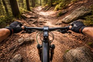 Zoom sur les mains d'un cycliste VTT agrippant les bar-ends d'un cintre plat sur un sentier technique en forêt. Idéal pour illustrer comment les extensions de guidon permettent de varier les positions de mains et de réduire les fourmillements lors des sorties off-road