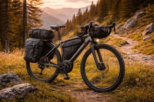 Vélo gravel électrique équipé de sacoches pour le bikepacking dans un paysage naturel sauvage