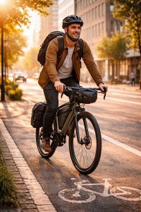 Cycliste se rendant au travail en vélo gravel électrique dans un environnement urbain moderne