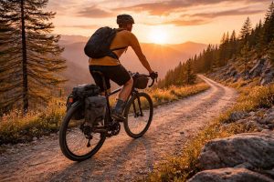 Cycliste roulant sur un vélo gravel électrique sur une piste de montagne au coucher du soleil. Illustration du cyclisme d'aventure et du bikepacking