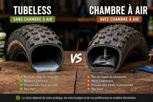 Comparaison entre un pneu tubeless et un pneu avec chambre à air pour VTT posés côte à côte