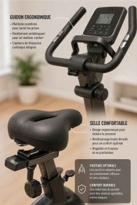 Détail d'une selle ergonomique et d'un guidon réglable sur un vélo d'appartement