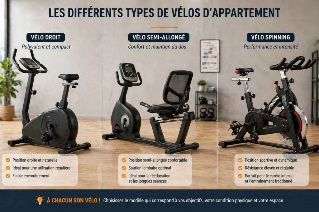 Comparatif visuel entre plusieurs types de vélos d'appartement : droit, semi-allongé et spinning