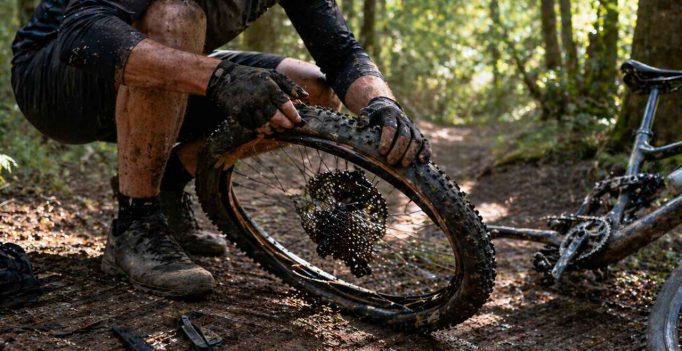 Un cycliste VTT accroupi sur un sentier forestier répare son pneu à plat. Lumière naturelle tamisée à travers les arbres, mains sales, démonte-pneus posés au sol. Guide pratique : que faire en cas de crevaison en pleine sortie vélo.