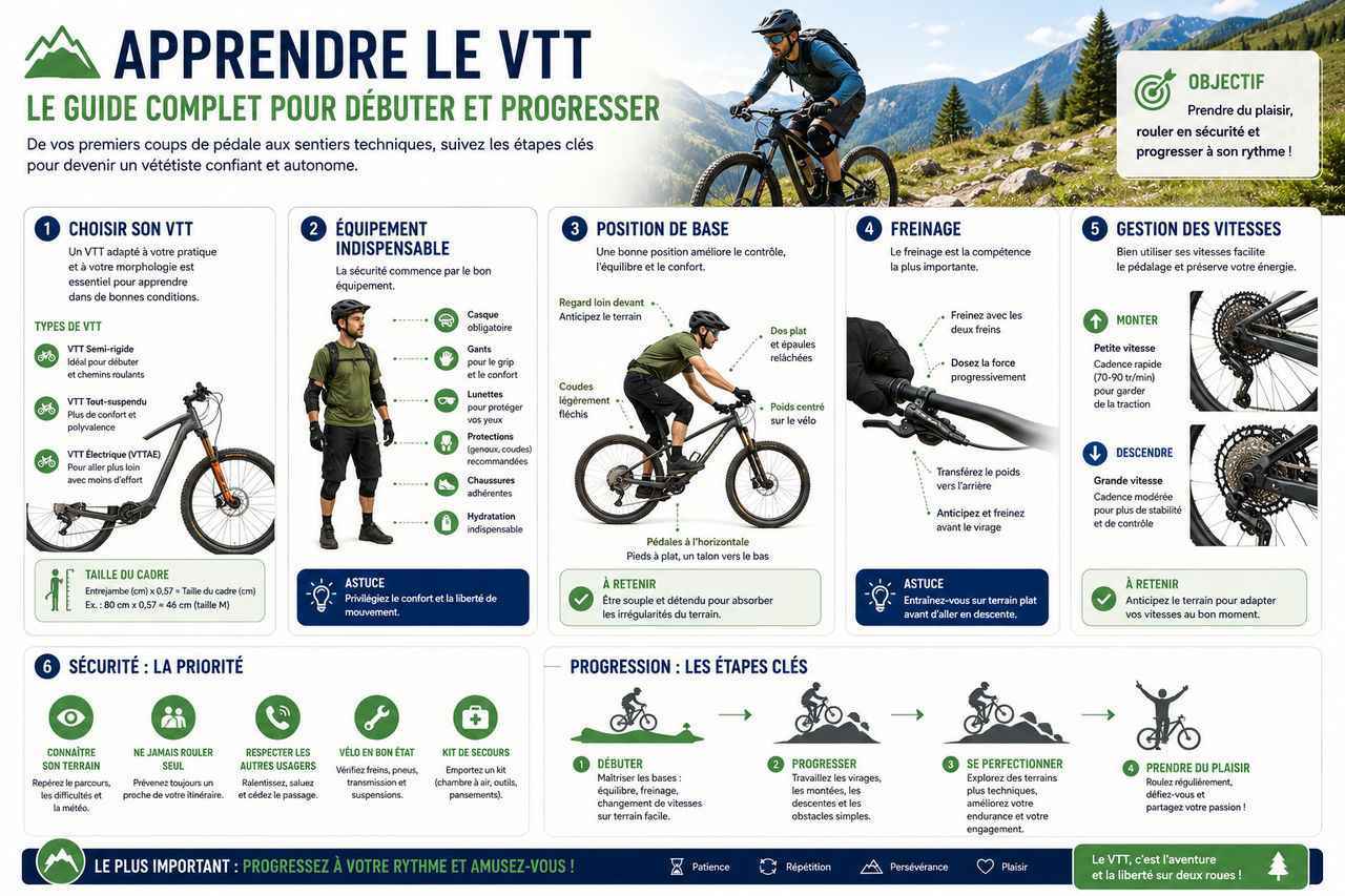 Infographie complète pour apprendre le VTT avec les bases techniques, l'équipement et les conseils de sécurité