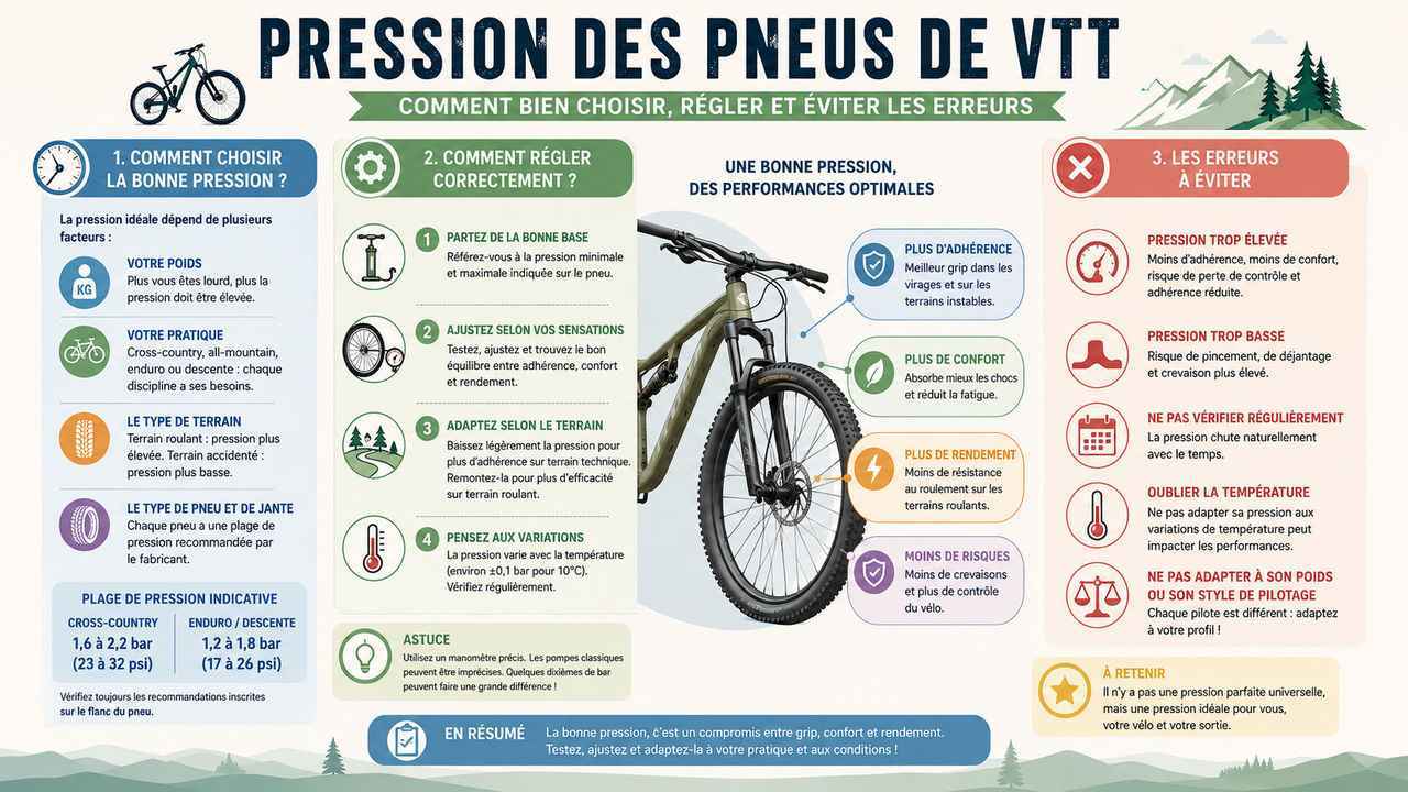 Infographie : comment bien choisir la pression des pneus de VTT ? Conseils pour un réglage optimal.
