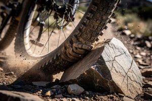 Un pneu de VTT se déformant sur un sentier rocheux. Pourquoi la pression est-elle cruciale pour éviter les pincements ?