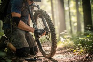 Un cycliste ajustant la pression de son pneu de VTT avec une pompe. Comment affiner votre réglage pour plus de performance ?