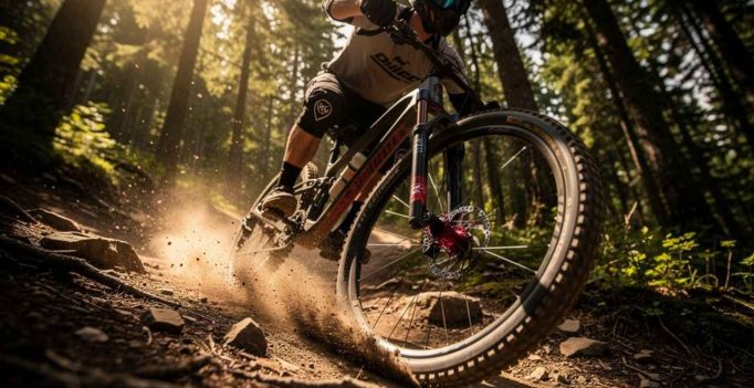 Un VTT en descente sur un sentier raide. Comment la pression des pneus influence-t-elle l’adhérence ?