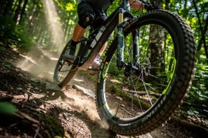 Un VTT sur un sentier technique. Découvrez comment la pression des pneus influence votre contrôle et votre confort