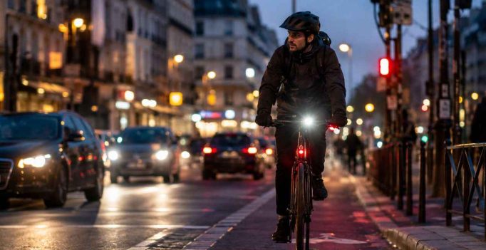 Photo d'un cycliste en ville à la tombée de la nuit avec un éclairage fixe bien visible pour la sécurité