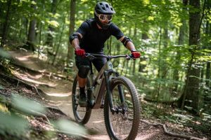 Illustration du freinage en VTT pour débutant avec une posture équilibrée et un contrôle optimal du vélo en descente